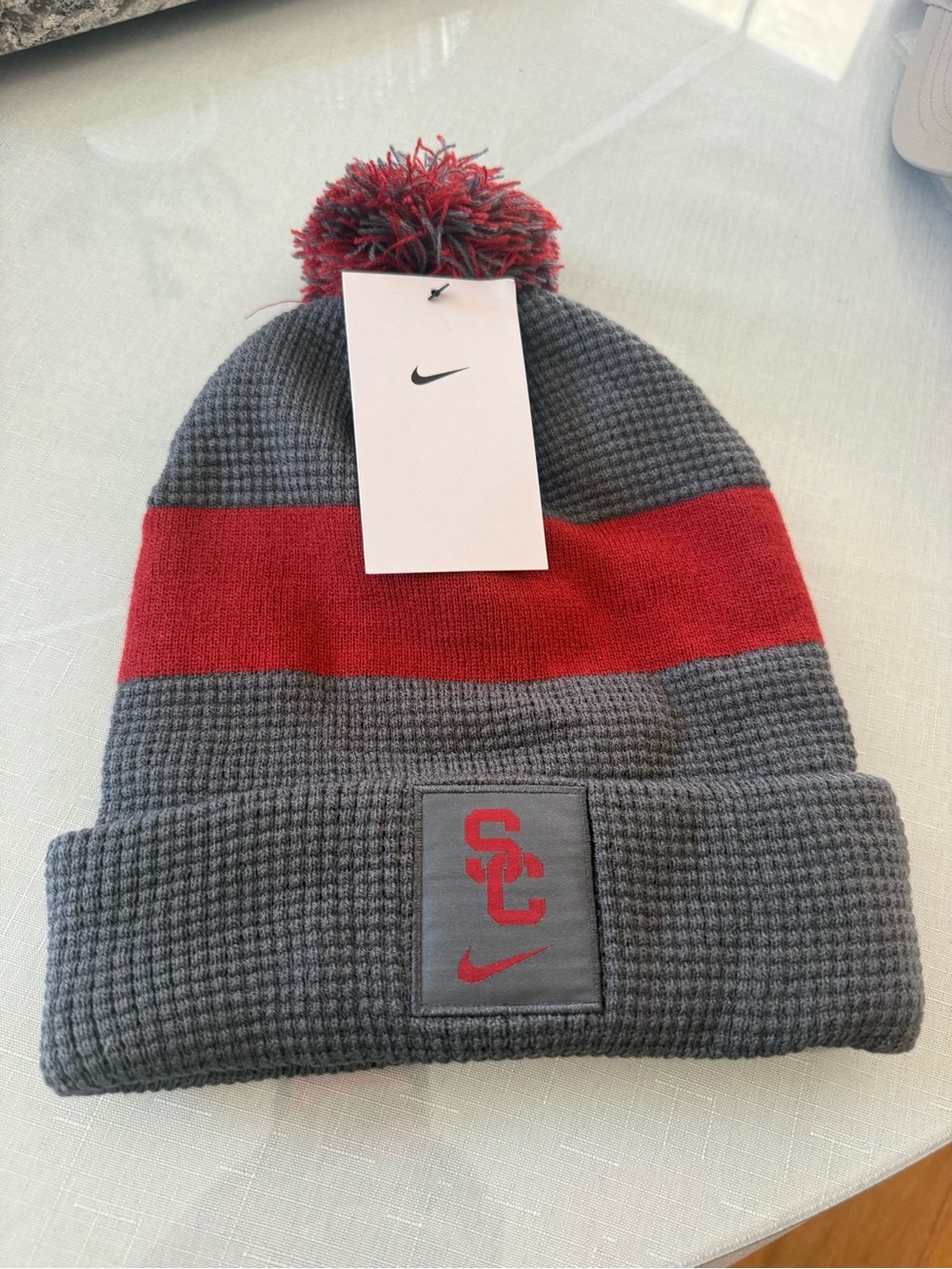 Nike USC Trojans Grey and Red Pom-Pom Beanie with SC Patch